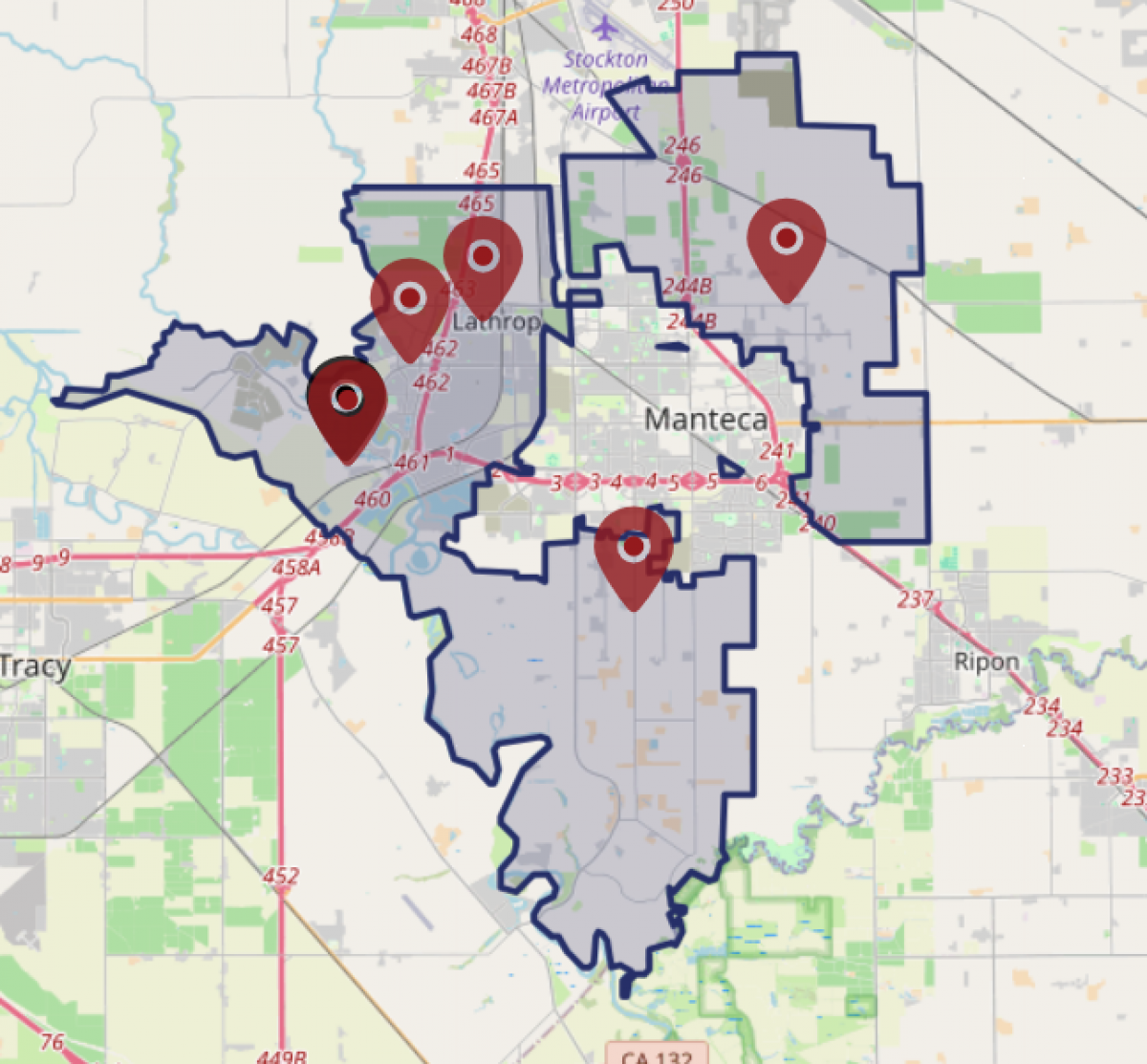 Lathrop-Manteca Fire District Boundary Map Image of the fire district's jurisdictional boundaries with fire station locations indicated.